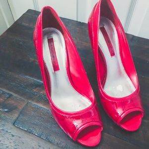 Bandolino Red Snakeskin Peep-Toe Heels